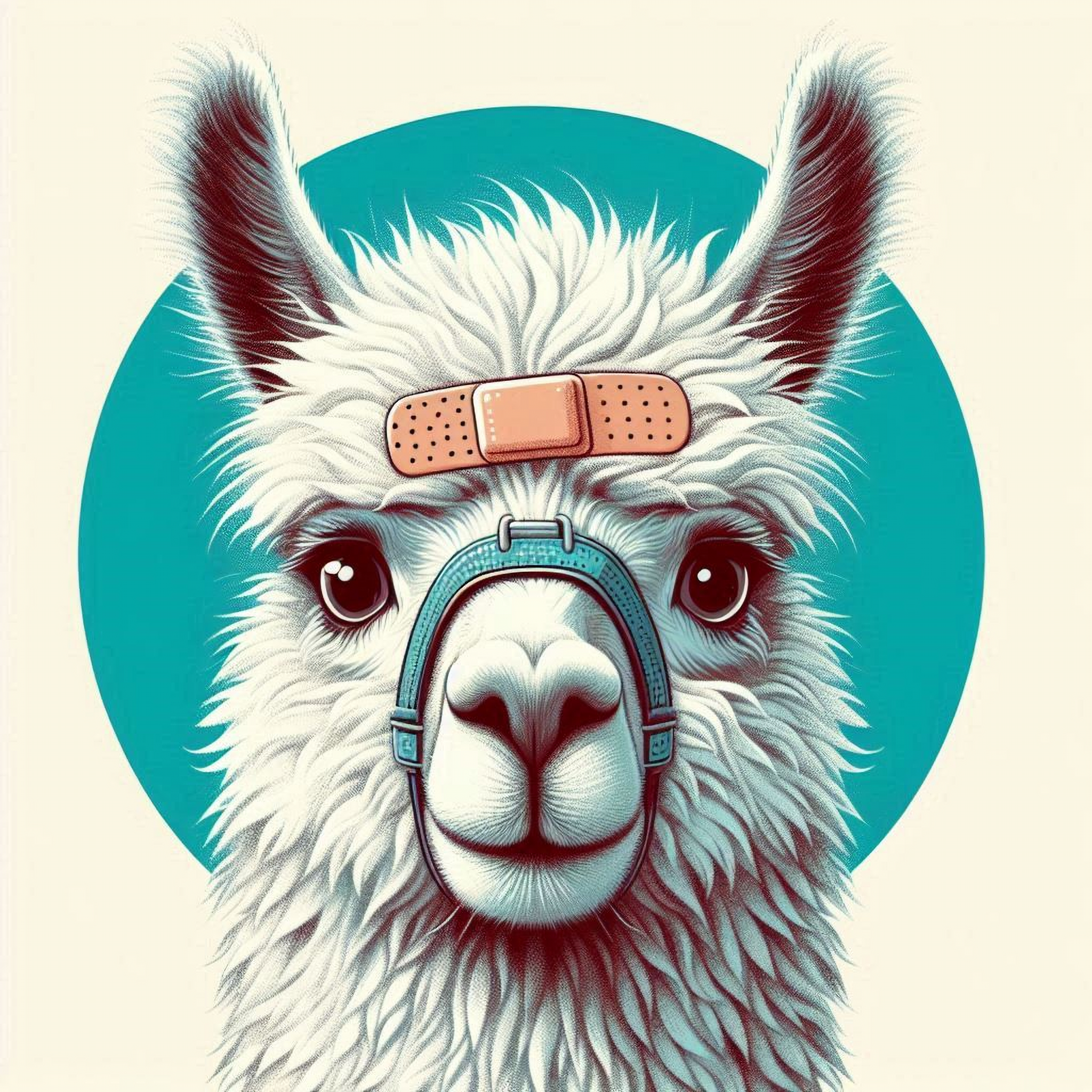 A Llama with a band-aid on its head.