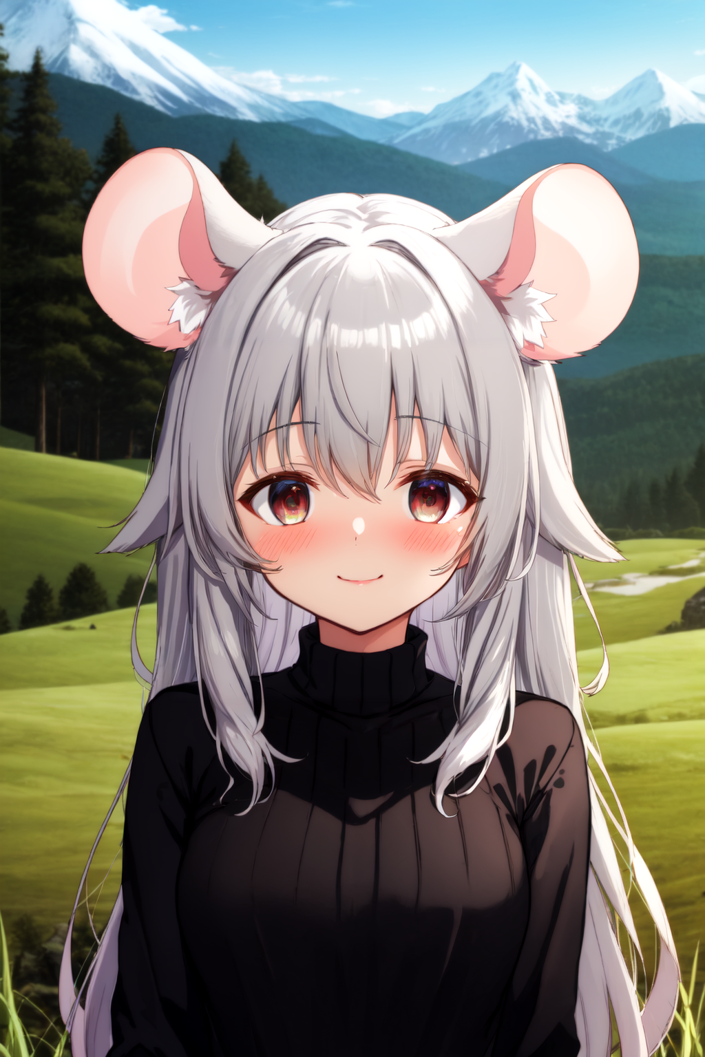 21351-1495235649-1girl, hair flaps, solo, animal ears, smile, looking at viewer, long hair, grey hair, upper body, breasts, blush, long sleeves,.png