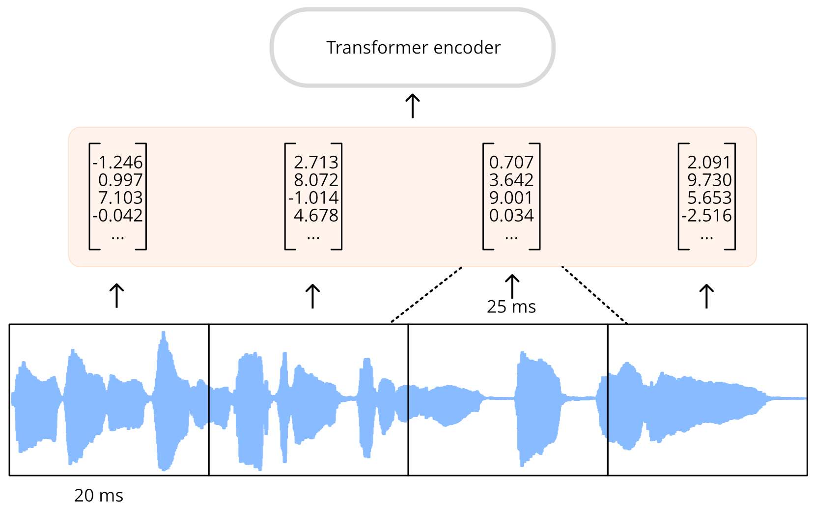 The audio waveform gets mapped to a shorter sequence of hidden-states