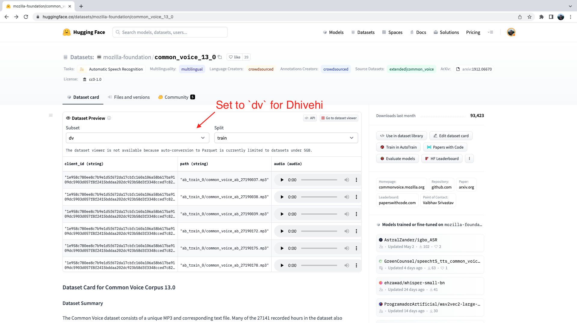 Selecting the Dhivehi split from the Dataset's Preview