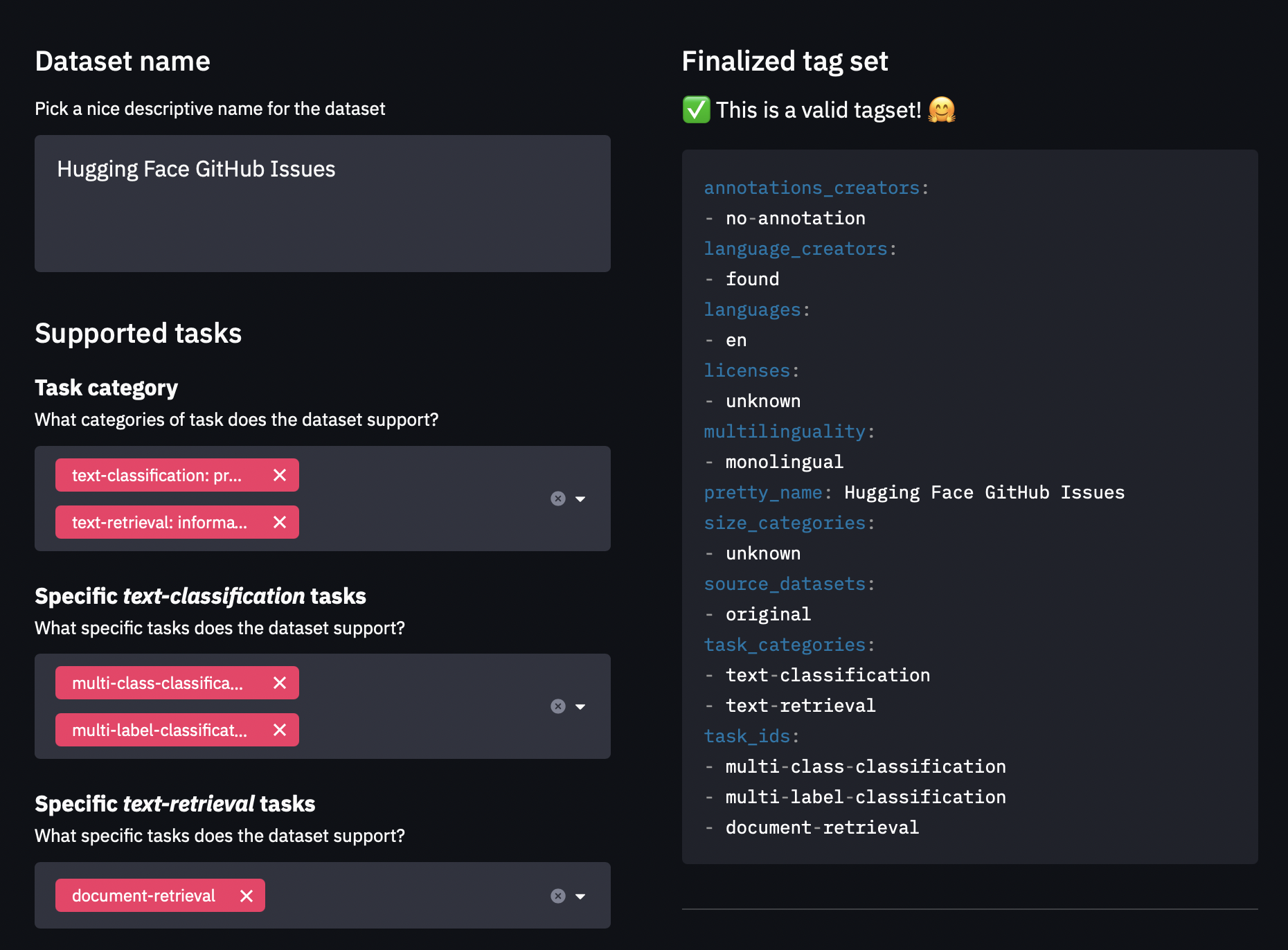 The 'datasets-tagging' interface.