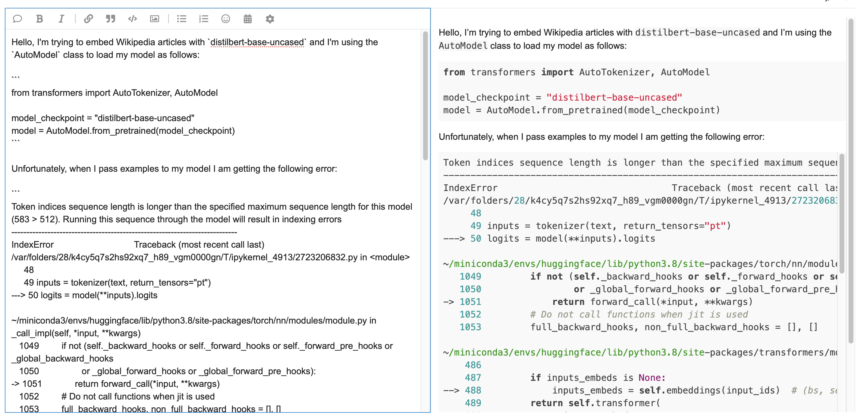 Our example forum topic, with the complete traceback.