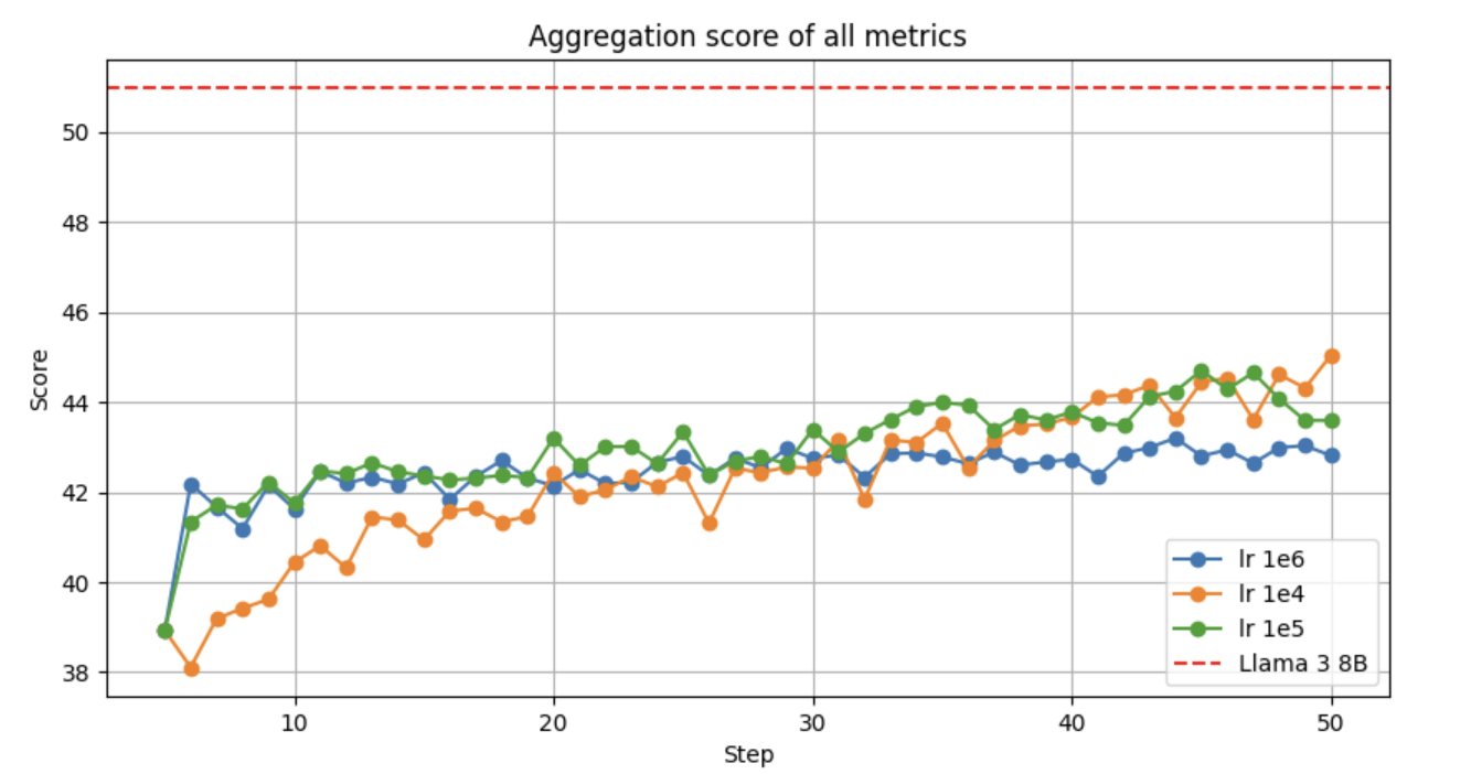 Average evaluation during the training for different lrs