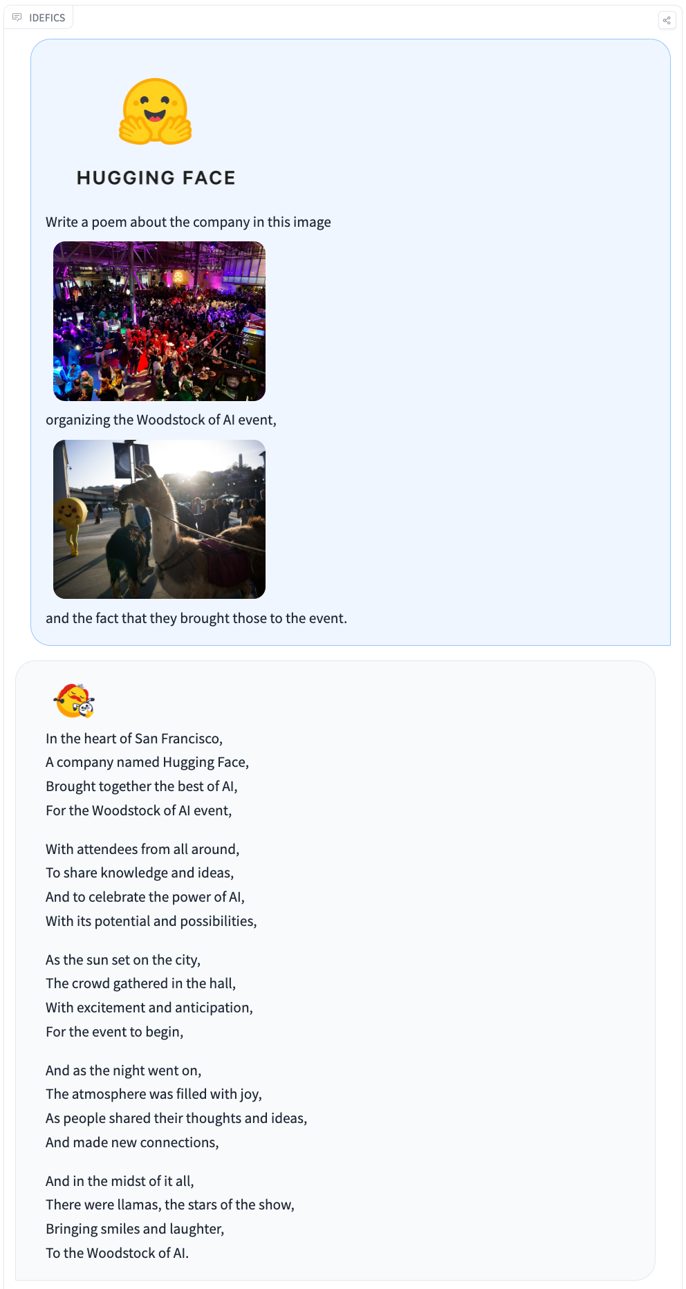 Screenshot of IDEFICS generation for HF Woodstock of AI