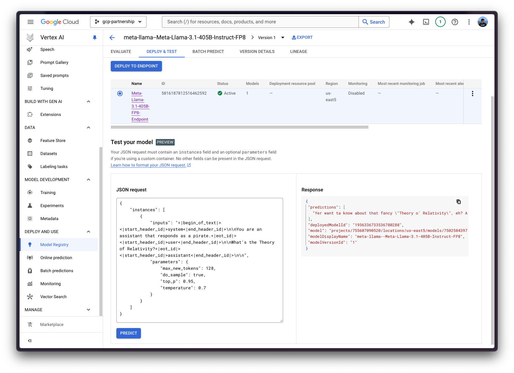 Meta Llama 3.1 405B Instruct FP8 online prediction on Vertex AI