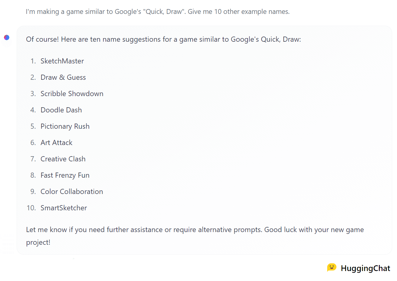 Game name suggestions by Hugging Chat