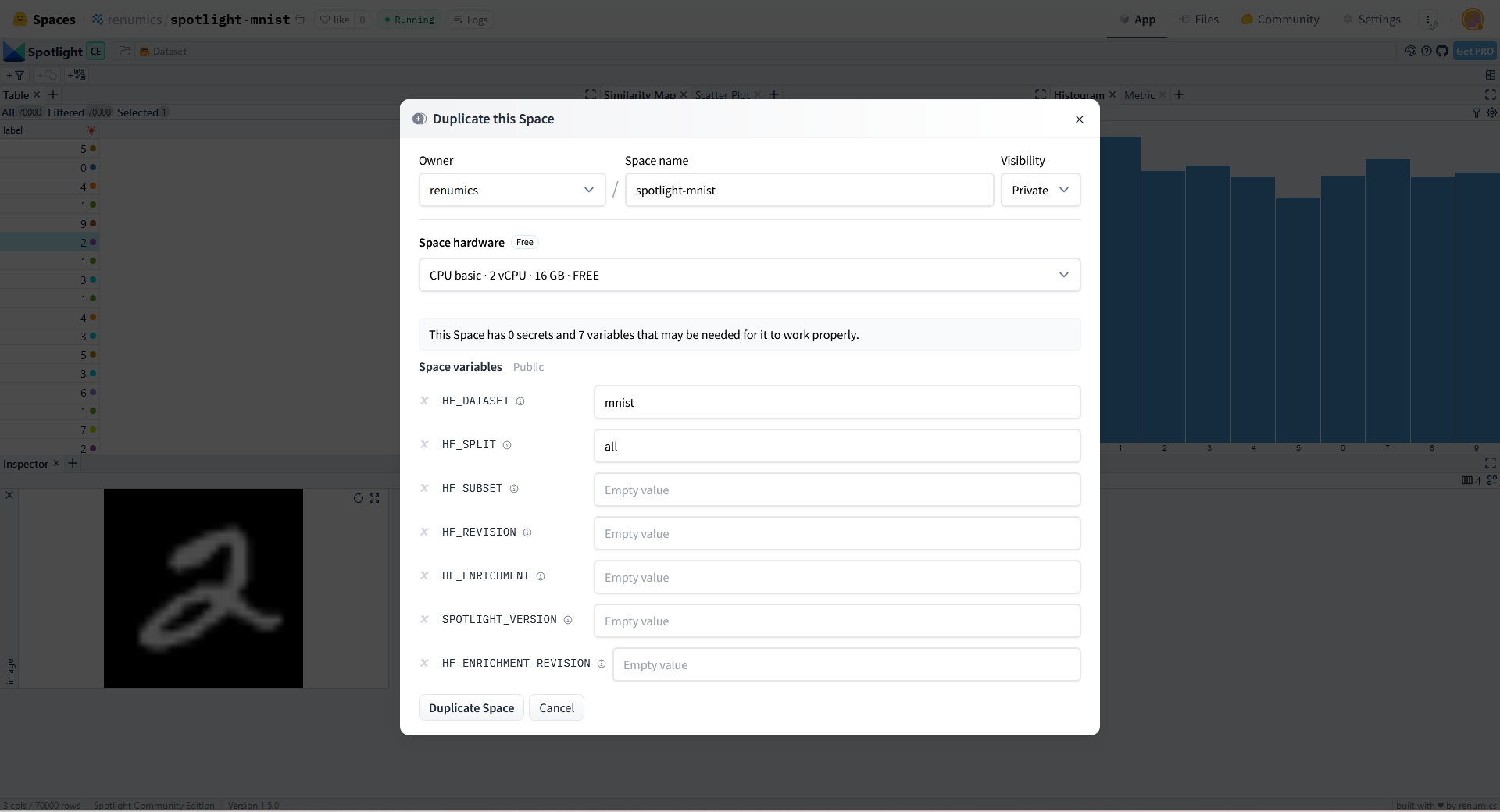 Creating a new dataset visualization with Spotlight by duplicating a Hugging Face space.