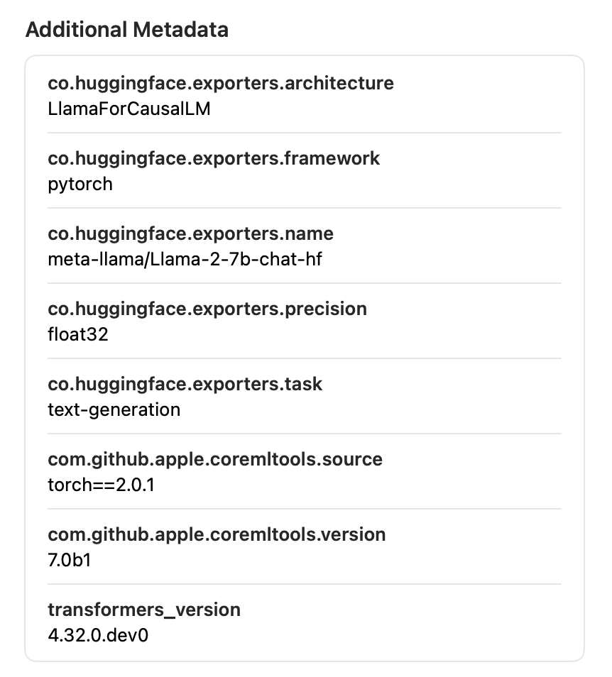 Screenshot: Core ML model metadata fields