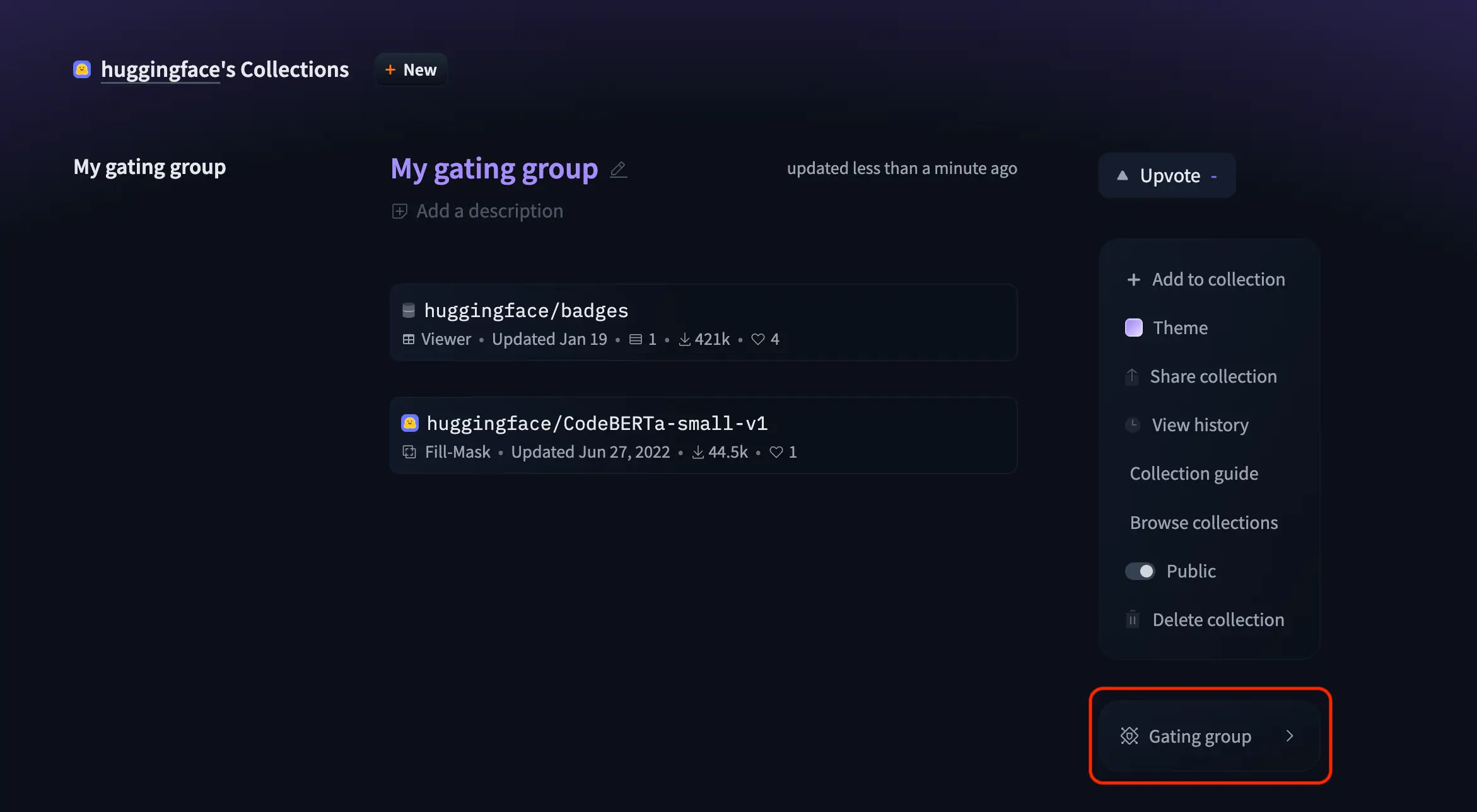 Hugging Face collection page with gating group collection feature disabled