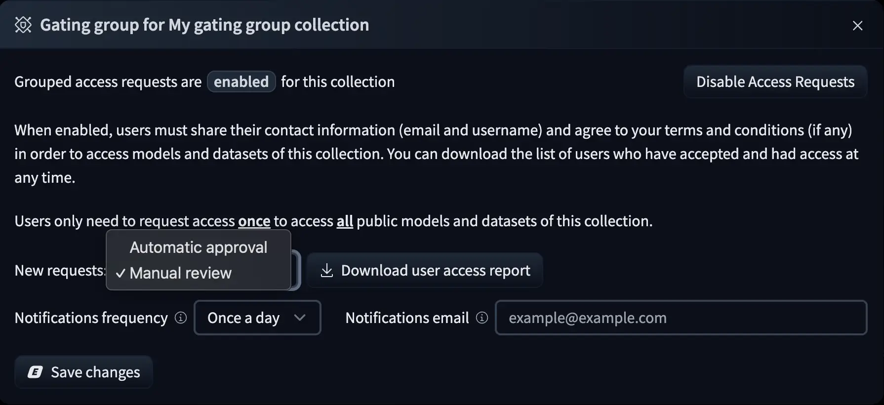 Hugging Face gating group collection settings with manual review mode selected