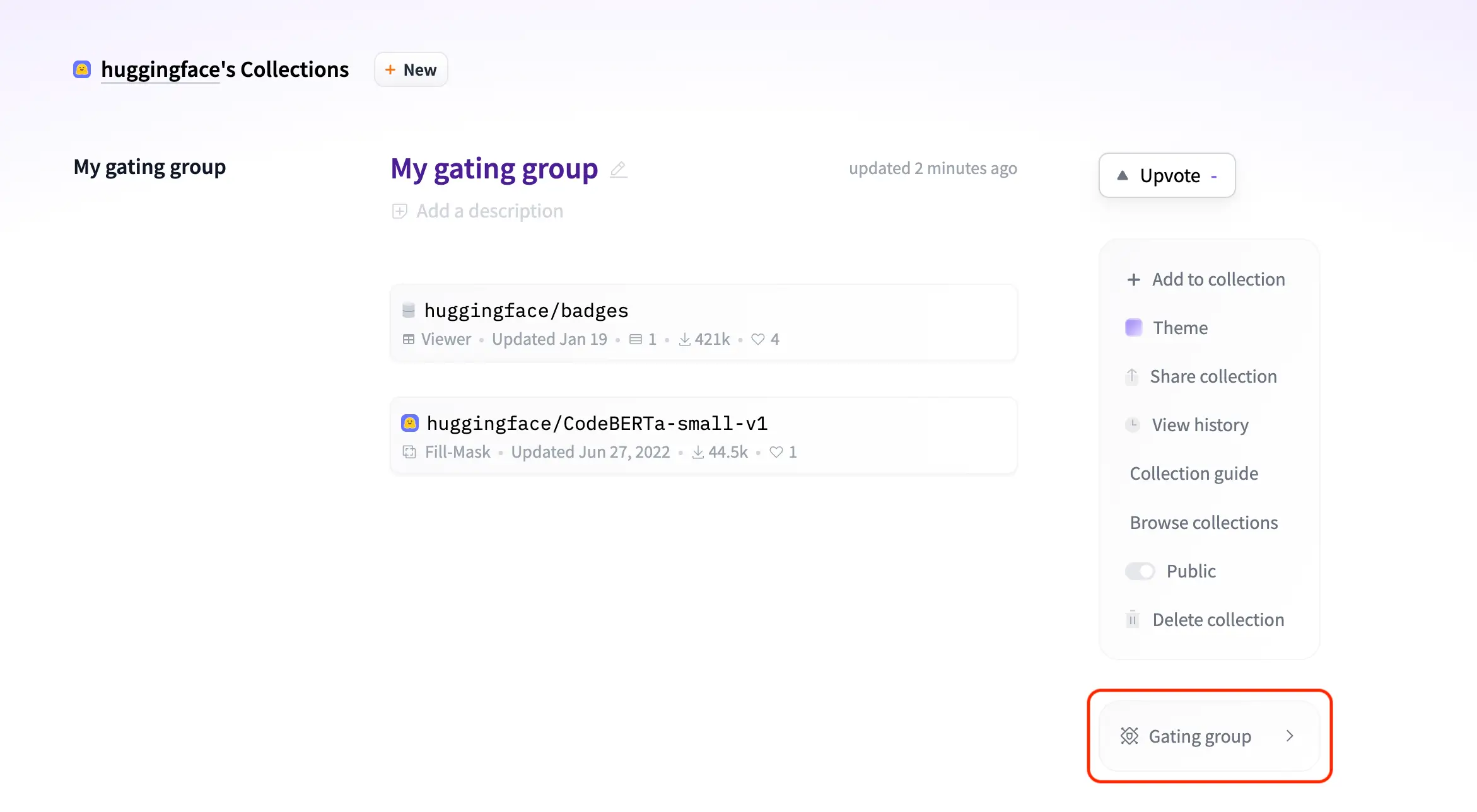 Hugging Face collection page with gating group collection feature disabled