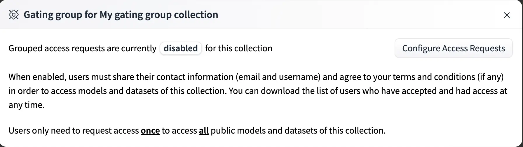 Hugging Face gating group collection settings with gating disabled