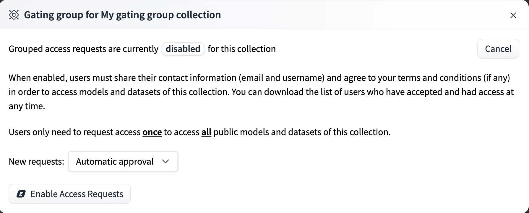 Hugging Face gating group collection settings with automatic mode selected