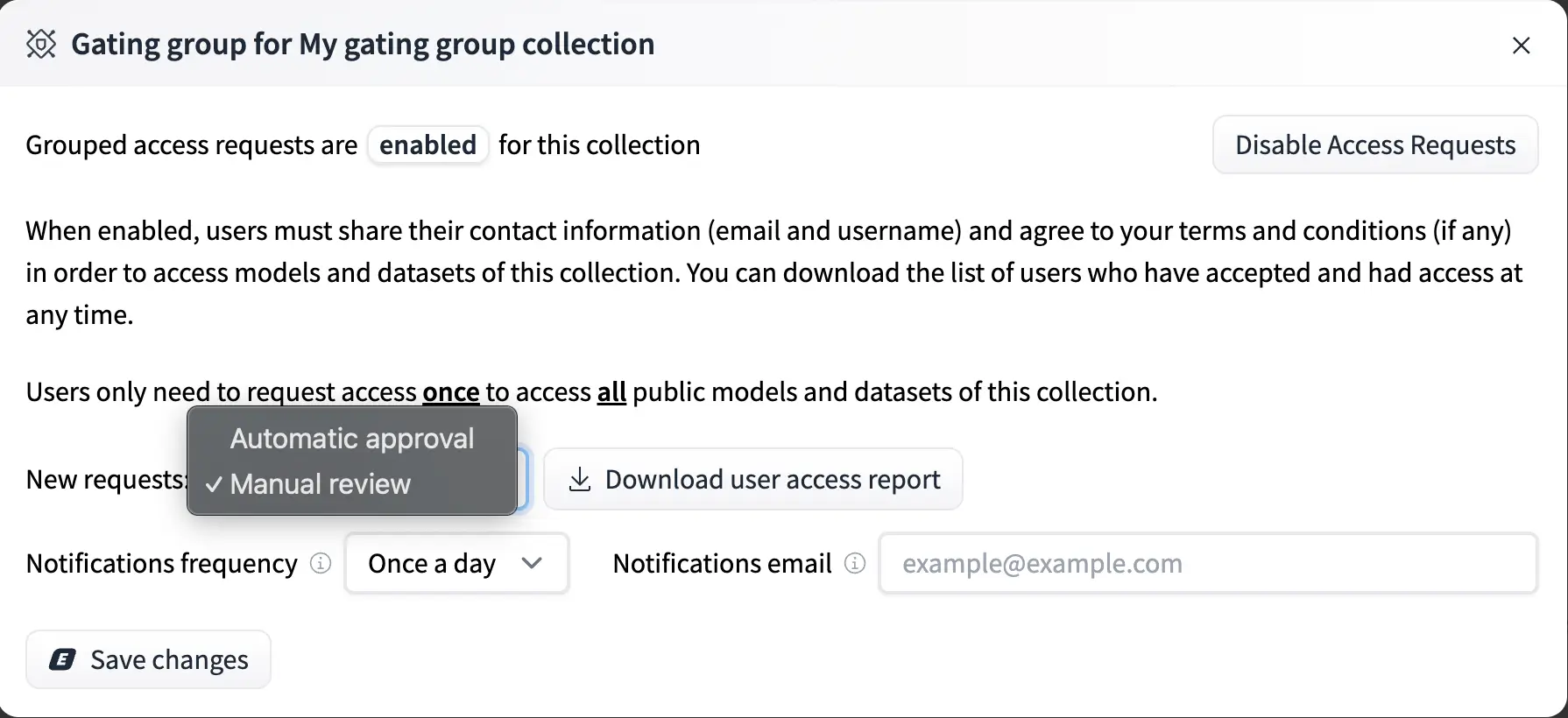 Hugging Face gating group collection settings with manual review mode selected