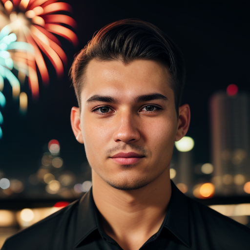 closeup face photo of man in black clothes, night city street, bokeh, fireworks in background