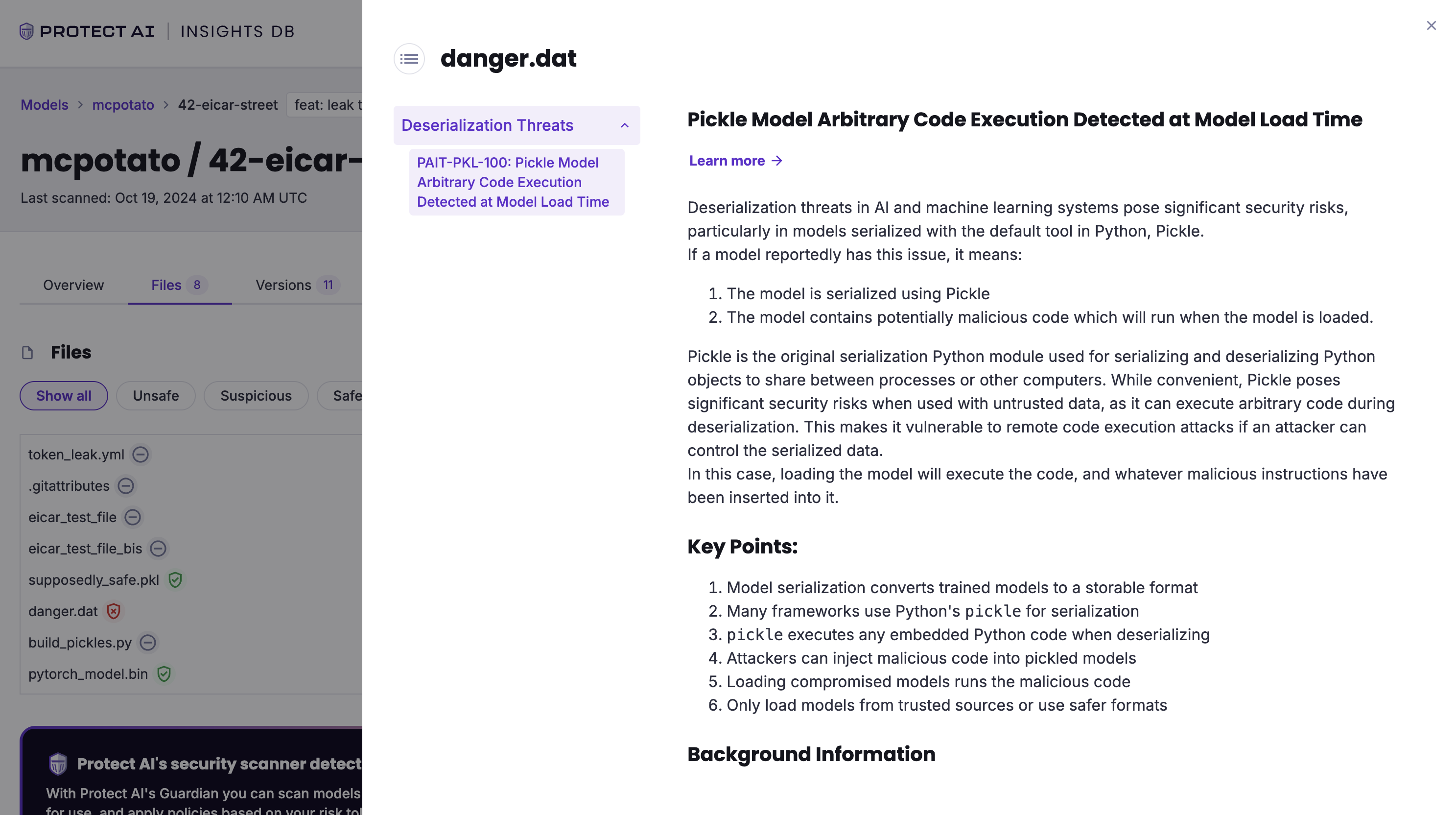 Protect AI report for the danger.dat file contained in mcpotato/42-eicar-street