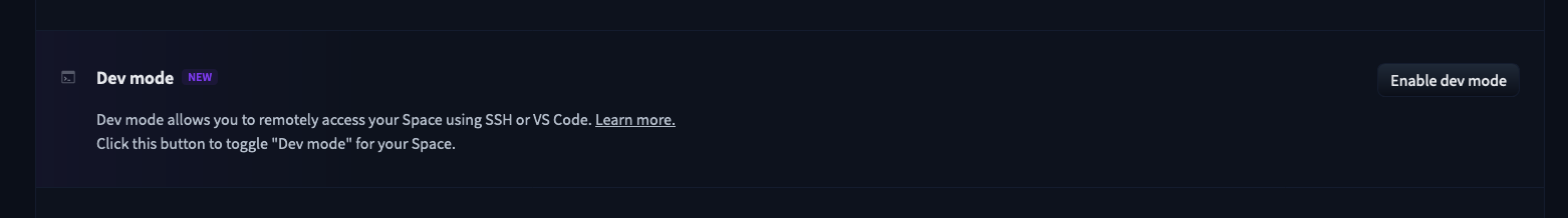 screenshot of the dev mode toggle from the Space settings.