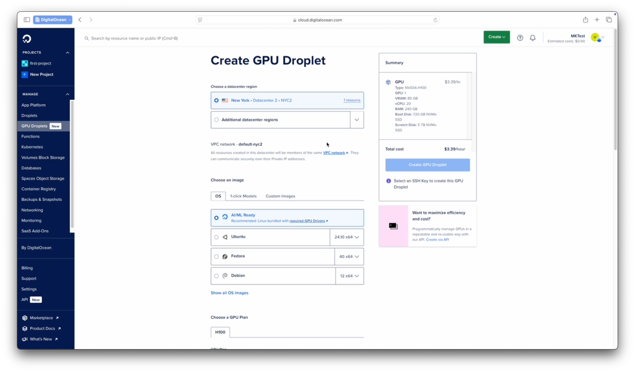 Create GPU Droplet on DigitalOcean