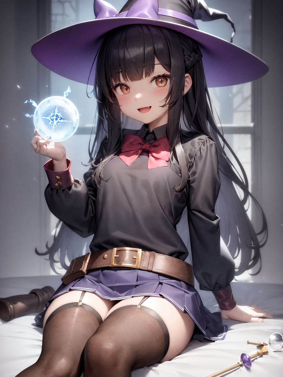 13567-2719738826-1girl, solo, hat, witch hat, skirt, long hair, thighhighs, bow, flask, red bow, book, long sleeves, black footwear, open mouth,.png