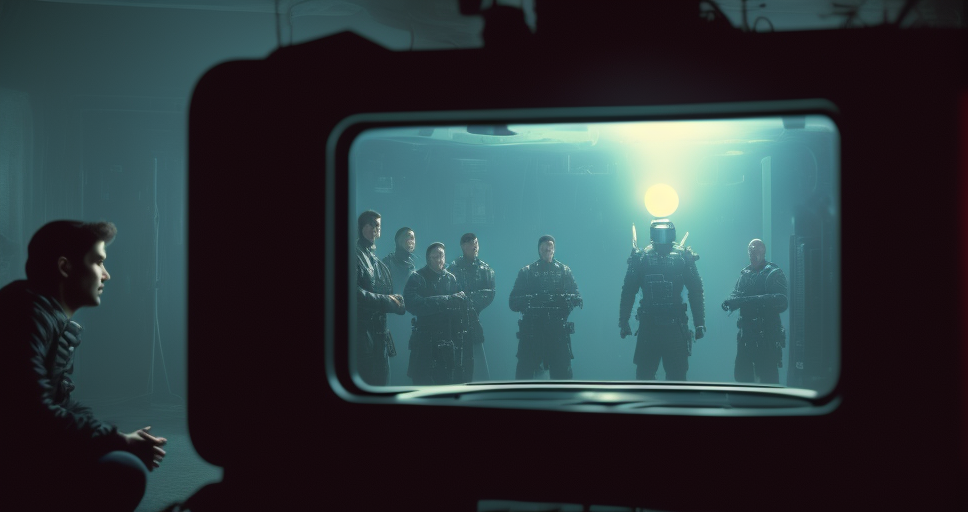 00049-3224348556-syberart Create a tense and dramatic screenshot of a group of people being interrogated by an alien species, set in the year 298.png